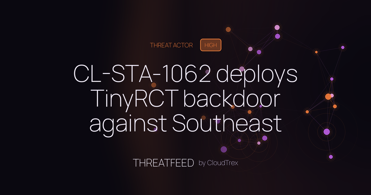 CL-STA-1062 deploys TinyRCT backdoor against Southeast Asian government
