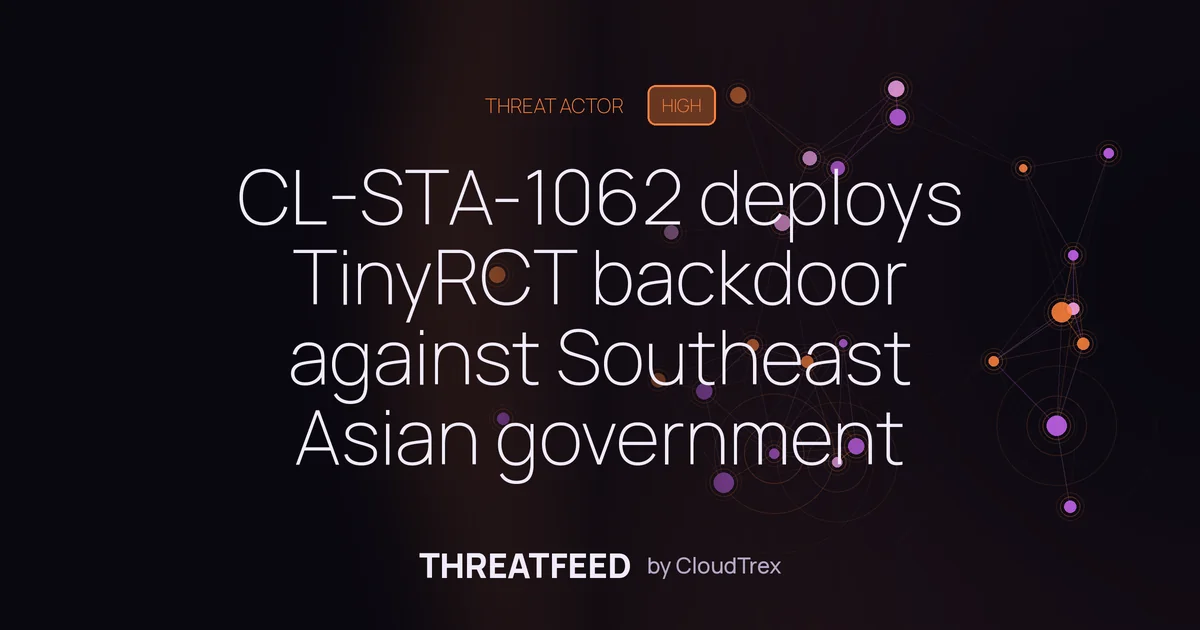 CL-STA-1062 deploys TinyRCT backdoor against Southeast Asian government
