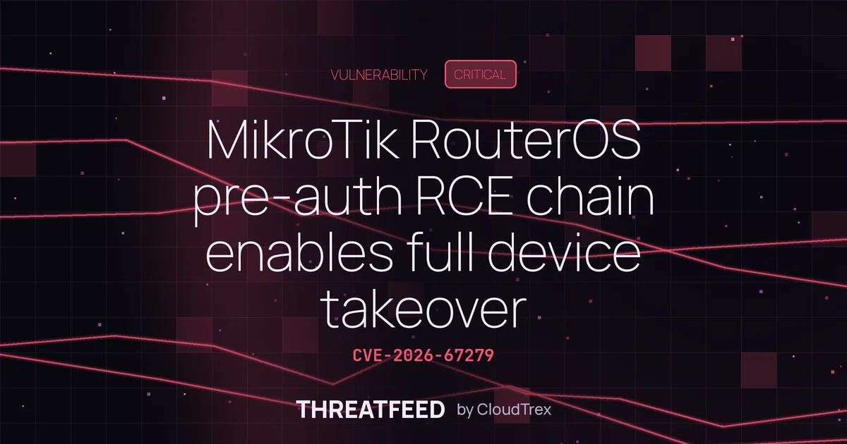 MikroTik RouterOS pre-auth RCE chain enables full device takeover