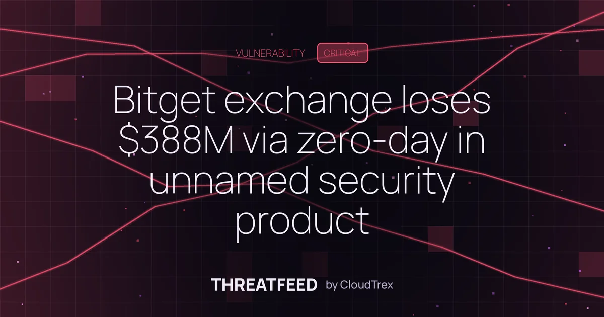 Bitget exchange loses $388M via zero-day in unnamed third-party product