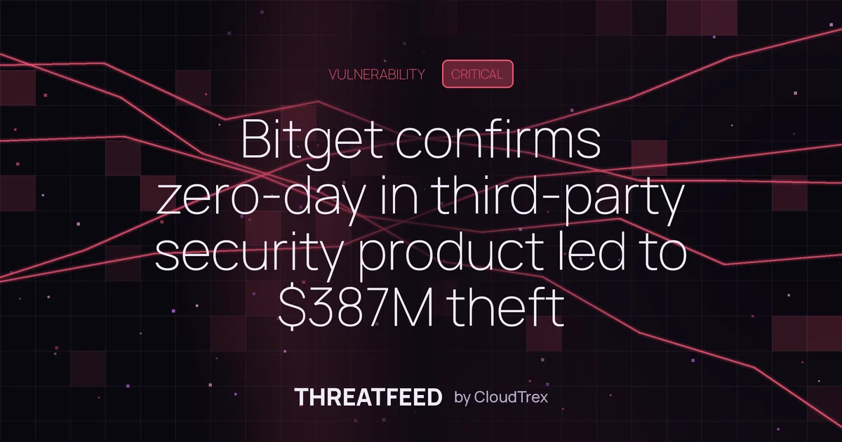 Bitget confirms zero-day in third-party security product led to $387M theft